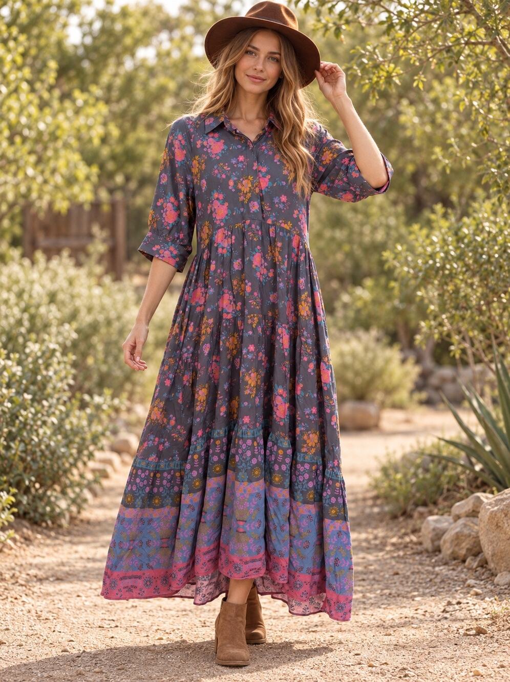 Natural Life Charcoal Folk Floral Tiered Maxi Dress XL